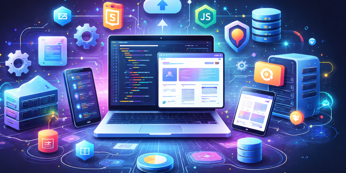 Colorful infographic showing a step-by-step Full Stack Developer roadmap covering basics, frontend, backend, databases, practice projects, and portfolio building.