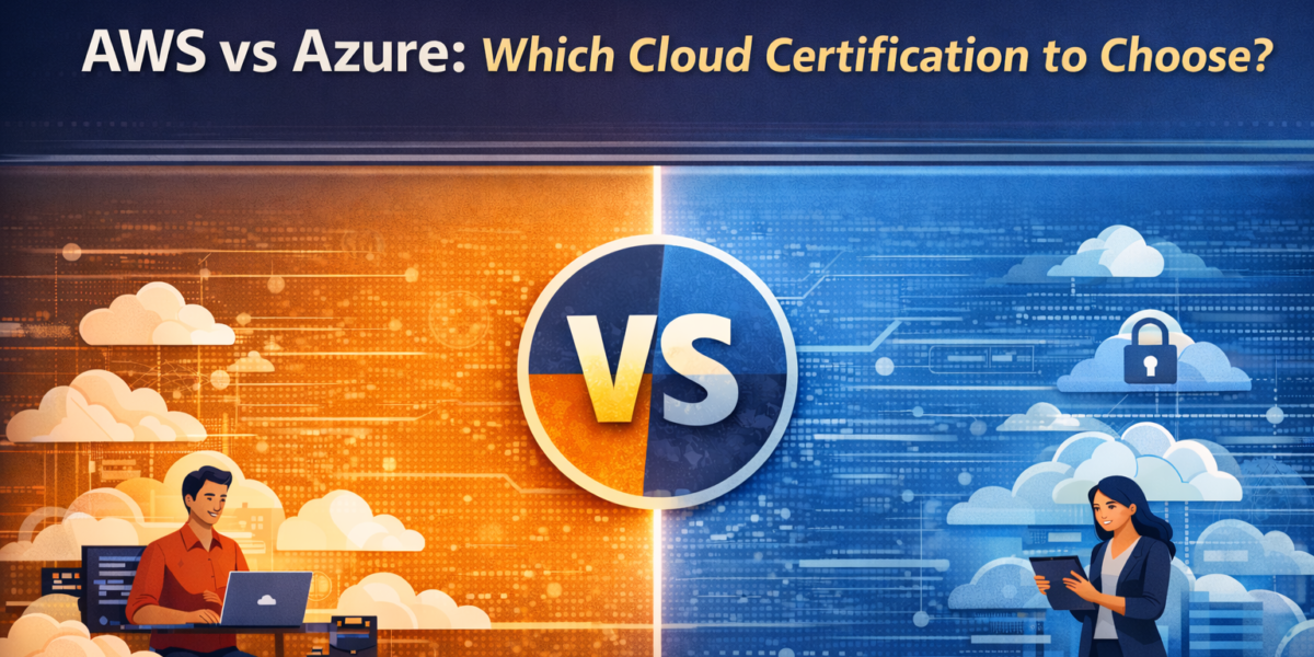 Infographic comparing AWS and Azure certifications with a "VS" symbol, featuring a man with AWS (orange) and a woman with Azure (blue).