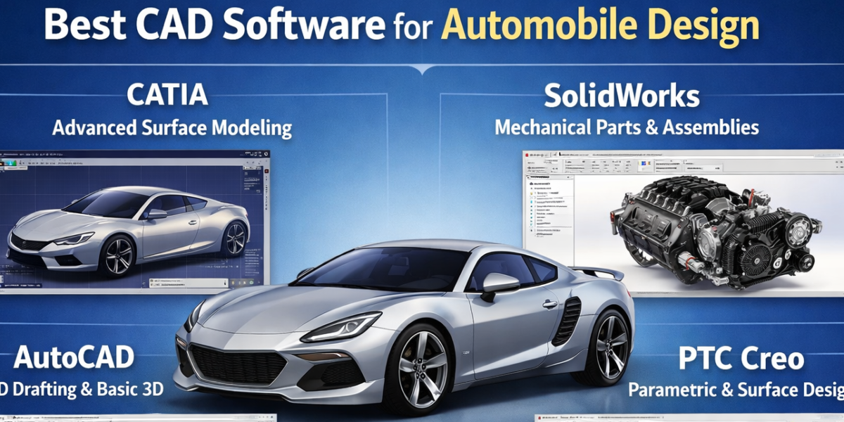 Image showcasing a comparison of CAD software used for automobile design, including CATIA, SolidWorks, AutoCAD, and PTC Creo.