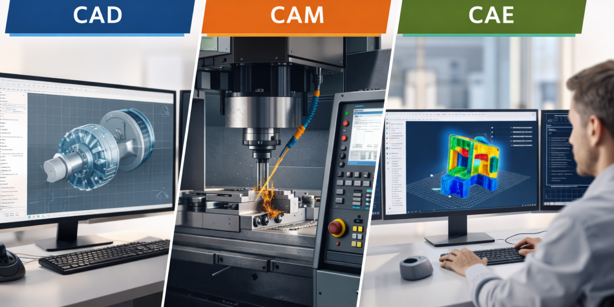 Visual comparison of CAD, CAM, and CAE processes in product development.