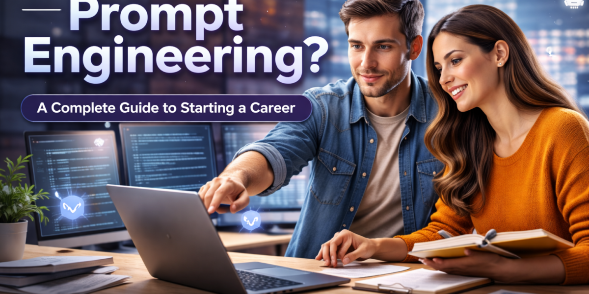 A modern tech office with a young man and woman collaborating on prompt engineering, surrounded by digital screens and icons showcasing AI and programming.