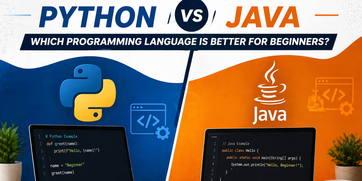 A comparison of Python and Java, with icons representing both programming languages and a chart showing their use in programming.