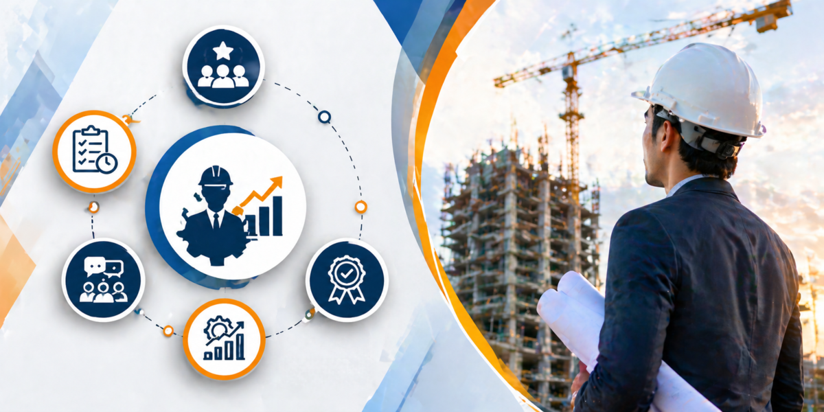 Engineer at a construction site reviewing plans, representing project management and engineering coordination.