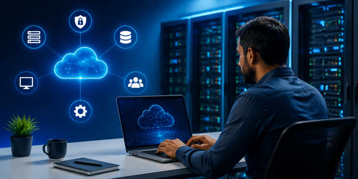 A cloud engineer working on a Linux-based cloud server, showcasing the importance of Linux skills in cloud computing jobs.