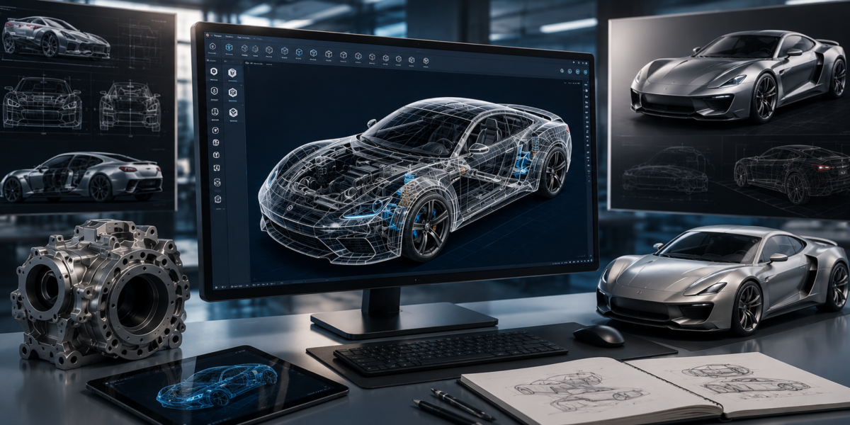 Automotive designer working on a futuristic car model using advanced CAD software in a modern engineering workspace.