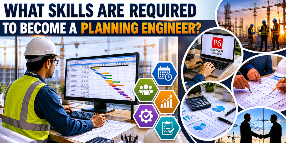 Planning engineer reviewing project schedule, construction drawings, and planning software in a modern engineering workspace.