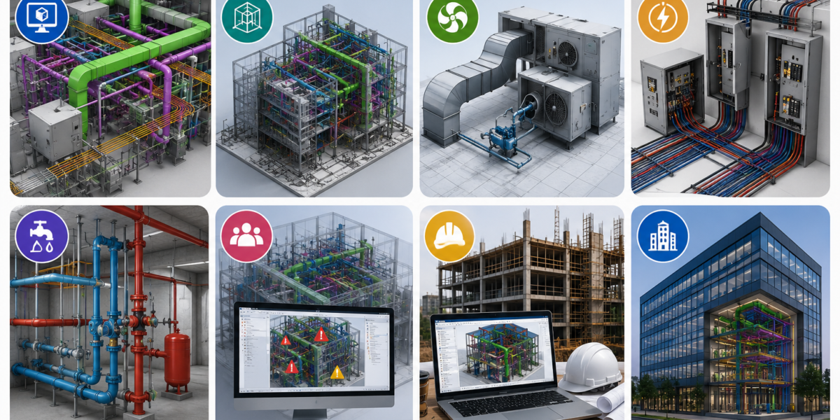 MEP engineer working on Revit BIM models for HVAC, electrical, and plumbing systems in a modern construction design office.