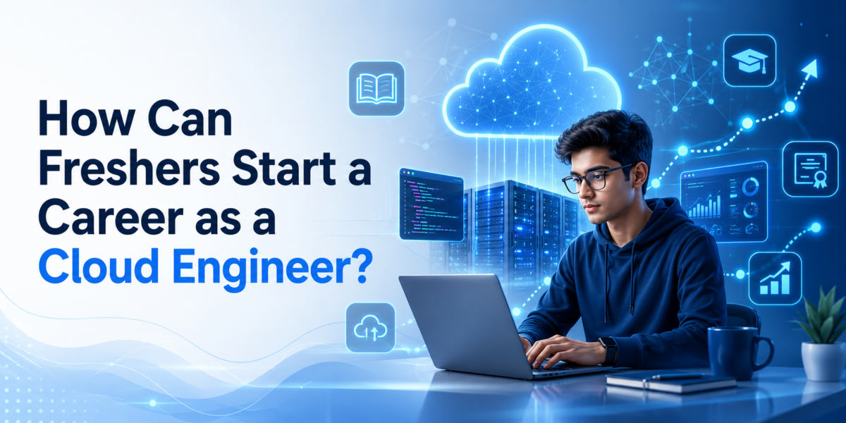 Fresher learning cloud computing and working on cloud infrastructure dashboard in a modern tech workspace.