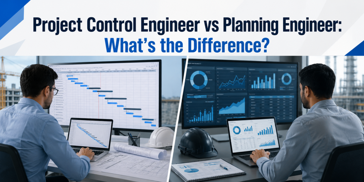 Project control engineer and planning engineer reviewing project schedules, cost reports, and construction timelines.
