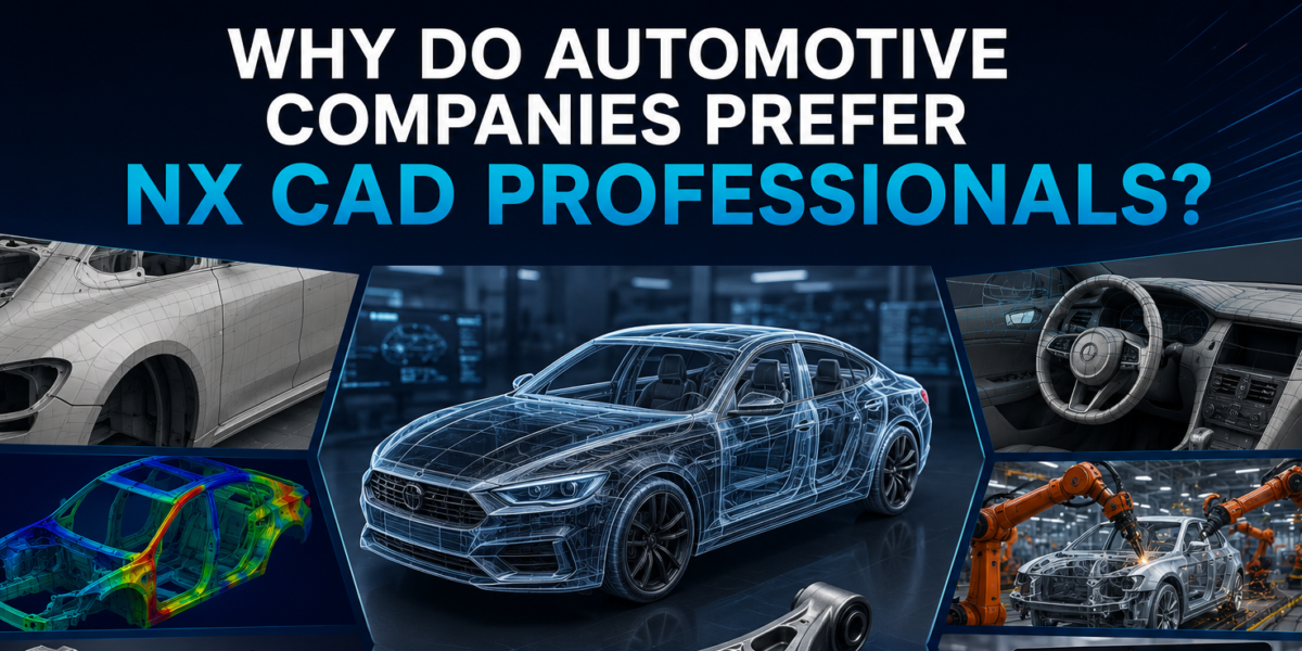 Automotive design engineer using Siemens NX CAD software to develop vehicle components in a modern engineering environment.